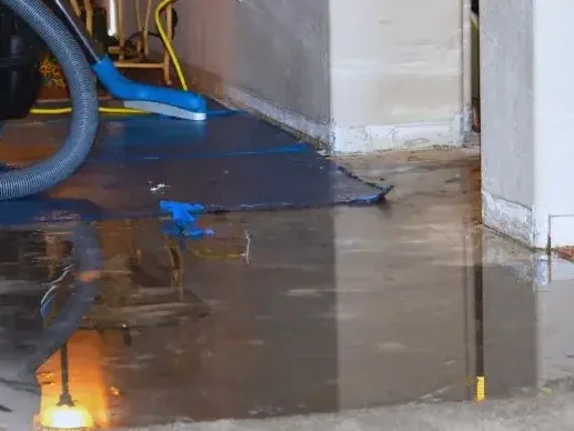 Extraction hose and standing water along a wall after a leak