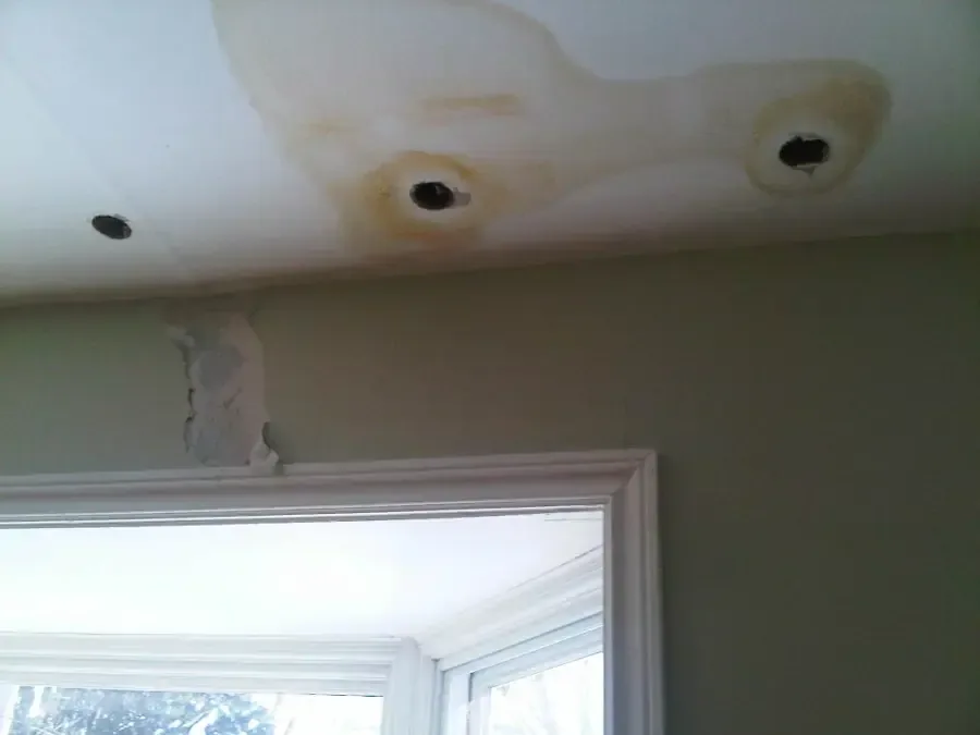 Water-stained ceiling with inspection openings above a window