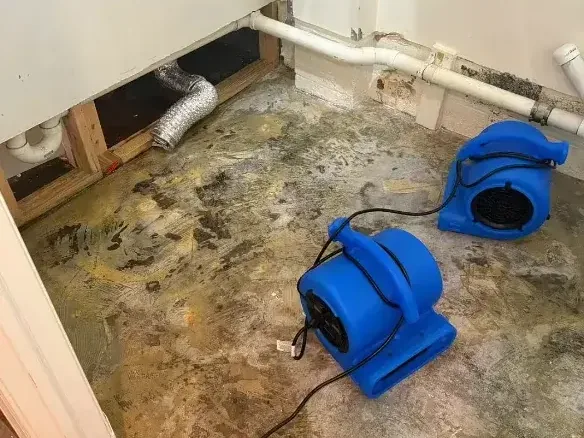 Air movers drying exposed subfloor inside a home