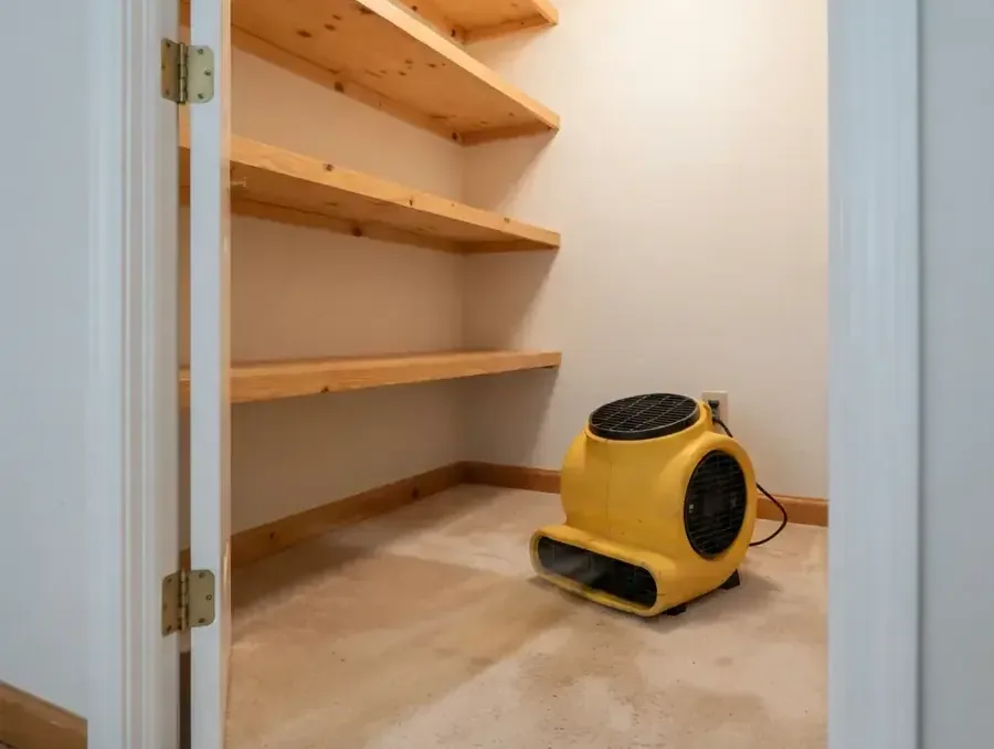 Yellow air mover drying a closet with exposed lower wall framing