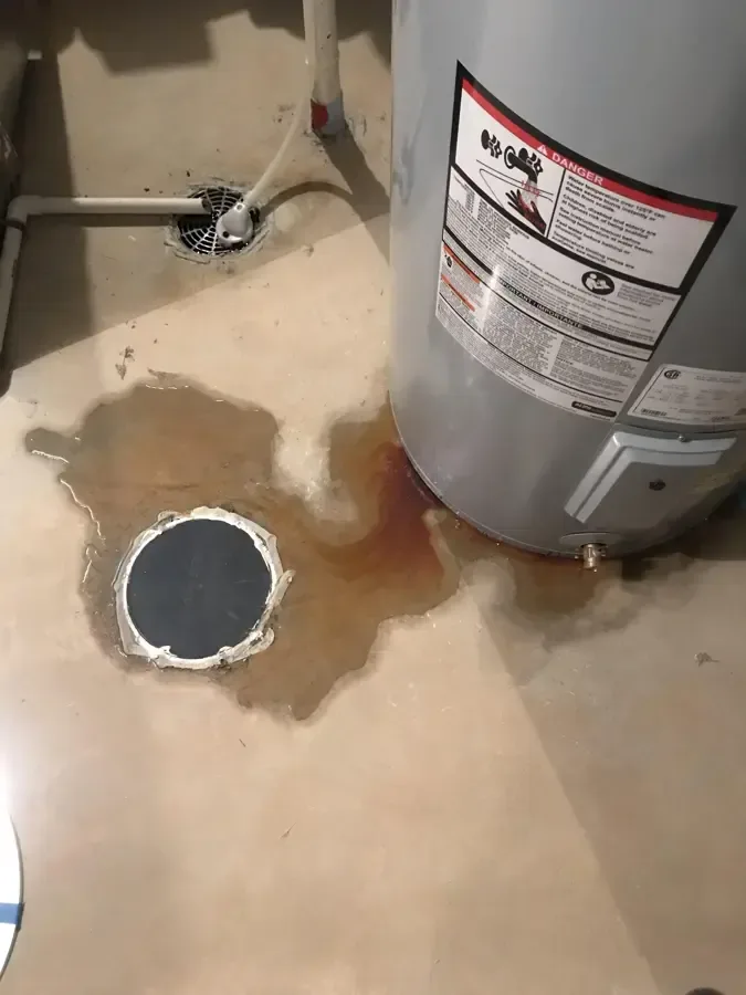 Water pooled around a water heater and floor drain