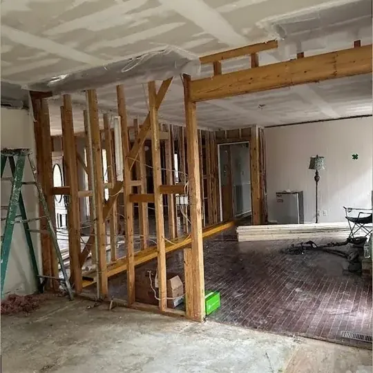 Interior wall framing exposed during water damage repairs