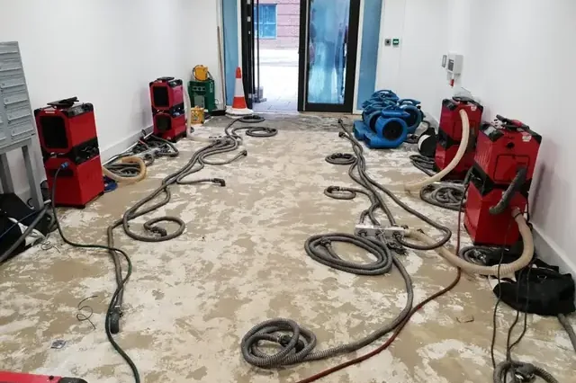 Drying machines and hoses arranged across a long room