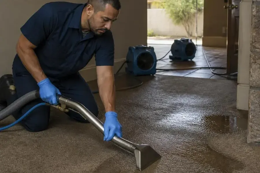 Technician extracting water from carpet with a wand