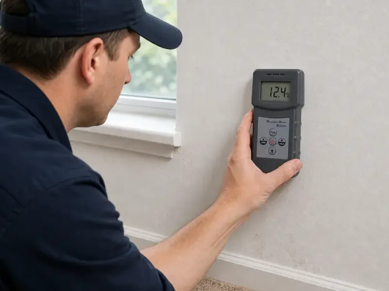 Technician checking moisture in an interior wall with a handheld meter