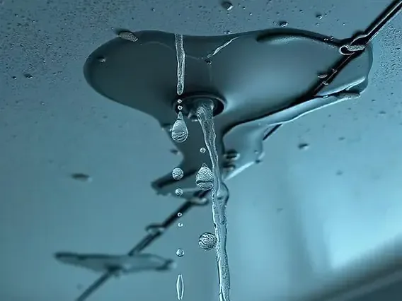 Water streaming through a cracked ceiling around a light fitting during an active overhead leak