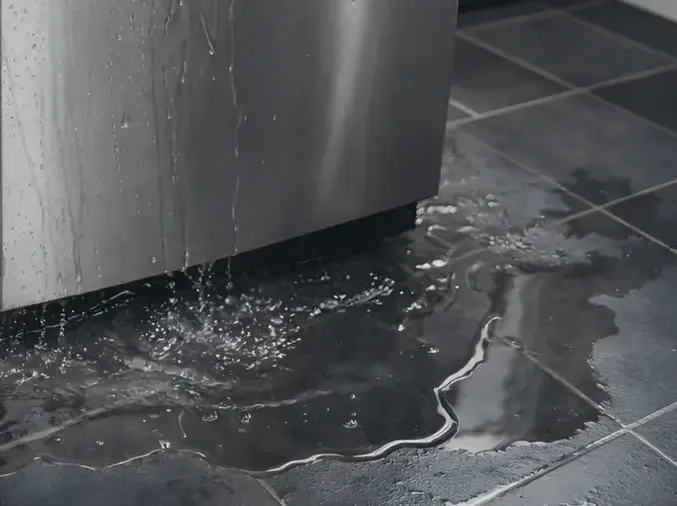 Water escaping beneath a dishwasher onto dark floor tiles