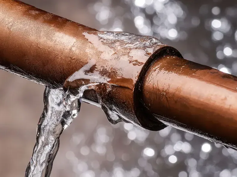 Water escaping from a split copper pipe connection