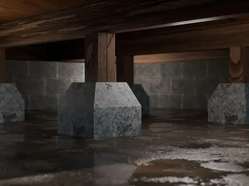 Standing water beneath wood framing between concrete crawl-space supports