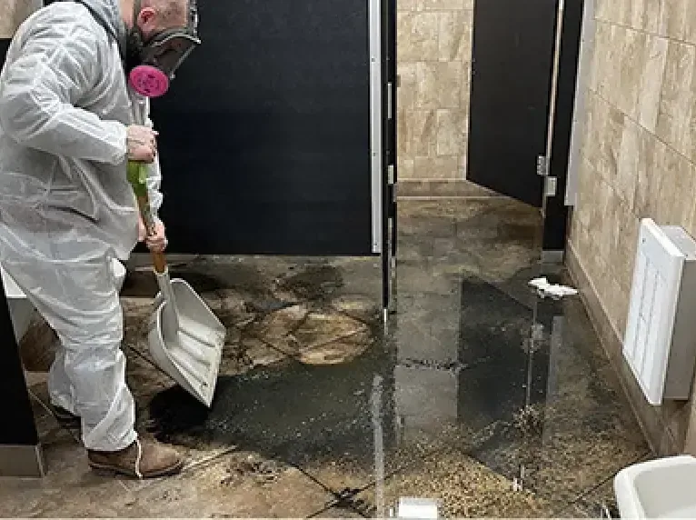 Worker in protective clothing and a respirator clearing a contaminated restroom floor