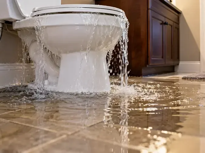 Water overflowing a toilet bowl and spreading across bathroom tiles