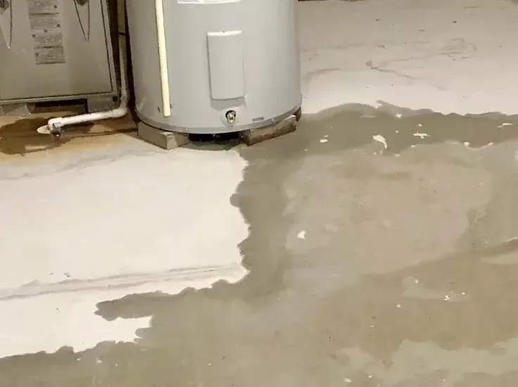 Water pooling across the floor beside a leaking water heater